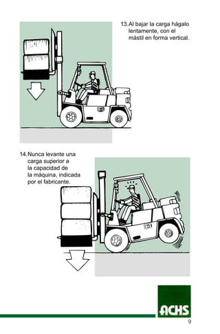 13.Al bajar la carga hágalo
lentamente, con el
mástil en forma vertical.
14.Nunca levante una
carga superior a
la capacidad de
la máquina, indicada
por el fabricante.
9
 