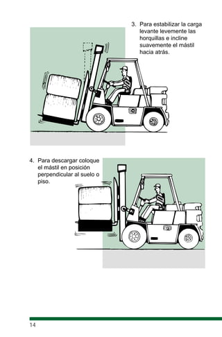3. Para estabilizar la carga
levante levemente las
horquillas e incline
suavemente el mástil
hacia atrás.
4. Para descargar coloque
el mástil en posición
perpendicular al suelo o
piso.
14
 