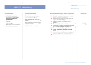 20                                                                                                                                21

                                                                                                                                                                                                                          Fecha de la revisi—n:

                                              AGENTES BIOLîGICOS
                                                                                                                                                                                                                          Responsable de la revisi—n:




Posibles Peligros                                                         Preguntas aclaratorias                  Acciones preventivas para mejorar la seguridad                                                                                        Legislaci—n

H EXPOSICIîN a AGENTES                                                    ÀSe han tomado precauciones para        ○    Manipular los cad‡veres considerando a todos los
  BIOLîGICOS (virus, hongos,                                              evitar los riesgos biol—gicos?               difuntos como si fueran infecciosos.
  ‡caros, bacterias, par‡sitos)
  procedentes de:                                                         Se–ale las medidas que ya han sido      ○    Extremar las precauciones en caso de pŽrdida de
                                                                                                                       sangre u otros fluidos biol—gicos.
                                                                          tomadas                            ○
                                                                                                             →
   Cad‡veres                                                                                                      ○    Establecer campa–as de vacunaci—n contra la
                                                                          Se–ale las medidas necesarias que aœn        hepatitis B.
   Fluidos biol—gicos                                                                                                                                                                                                                                     1, 7, 15, 18,
   Restos de inhumaciones anteriores
                                                                          no han sido tomadas                 →   ○    Eliminar los residuos adecuadamente.                                                                                     *
                                                                                                                                                                                                                                                                    20
   ...............................................................        (A–ada otras si fuera necesario)        ○    Utilizar ropa y/o equipos de protecci—n individual
                                                                                                                       con el marcado CE (guantes, mascarilla, etc.).                                                                           *
                                                                                                                  ○    Mantener una estricta higiene personal.                                                                                  *
                                                                                                                  ○    Limpiar y mantener en buen estado la zona de
                                                                                                                       trabajo.                                                                                                                 *
                                                                                                                  ○    Informar de las medidas de prevenci—n a aplicar en
                                                                                                                       cada caso y proporcionar los medios necesarios.                                                                          *
                                                                                                                  ○    ...........................................................................................................................




                                                                                                                                                                                        *Se debe incluir en la formaci—n sobre prevenci—n de riesgos laborales.
 