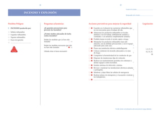 22                                                                                                                                23

                                                                                                                                                                                                                           Fecha de la revisi—n:

                                            INCENDIO Y EXPLOSIîN
                                                                                                                                                                                                                           Responsable de la revisi—n:




Posibles Peligros                                                          Preguntas aclaratorias                  Acciones preventivas para mejorar la seguridad                                                                                        Legislaci—n

I   INCENDIO producido por:                                                ÀSe guardan precauciones para           ○    Guardar en el almacŽn las sustancias inflamables que
                                                                           prevenir los incendios?                      no son necesarias para el trabajo del d’a.           *
    S—lidos inflamables
                                                                           ÀExisten medios adecuados de lucha      ○    Almacenar los productos inflamables en locales
    L’quidos inflamables                                                                                                distintos a los de trabajo, debidamente aislados y
                                                                           contra incendios?                            ventilados, o en armarios completamente aislados.
    Vapores inflamables
    Focos de ignici—n                                                      Se–ale las medidas que ya han sido      ○    Prohibir fumar en todo el recinto sujeto a riesgo.

    ...............................................................
                                                                           tomadas                            ○
                                                                                                              →    ○    Manipular los productos inflamables fuera del
                                                                                                                        almacŽn, con las debidas precauciones y con el equipo
                                                                           Se–ale las medidas necesarias que aœn        adecuado para cada caso.                              *
                                                                           no han sido tomadas                 →
                                                                                                                   ○    Poner una instalaci—n elŽctrica antideflagrante.                                                                         *          1, 6, 9, 13,
                                                                           (A–ada otras si fuera necesario)        ○    Colocar extintores de incendio adecuados a la clase                                                                                 14, 15, 27,
                                                                                                                        de fuego.                                                                                                                *
                                                                                                                                                                                                                                                                     28
                                                                                                                   ○    Comprobar la hermeticidad de los conductos de gas.
                                                                                                                   ○    Disponer de instalaciones fijas de extinci—n.
                                                                                                                   ○    Realizar un mantenimiento peri—dico de extintores y
                                                                                                                        dem‡s equipos contra incendios.                     *
                                                                                                                   ○    Instalar sistemas de detecci—n y alarma.
                                                                                                                   ○    Revisar y mantener las instalaciones elŽctricas aisladas
                                                                                                                        y protegidas.                                           *
                                                                                                                   ○    Se–alizar y dejar libres las salidas de emergencia.
                                                                                                                   ○    Realizar planes de emergencia y evacuaci—n e instruir a
                                                                                                                        los trabajadores.                                     *
                                                                                                                   ○    ...........................................................................................................................




                                                                                                                                                                                         *Se debe incluir en la formaci—n sobre prevenci—n de riesgos laborales.
 