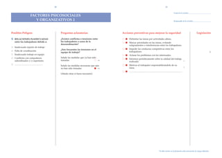 30                                                                                                                                31

                                                                                                                                                                                                                          Fecha de la revisi—n:
                                      FACTORES PSICOSOCIALES
                                         Y ORGANIZATIVOS 2                                                                                                                                                                Responsable de la revisi—n:




Posibles Peligros                                                         Preguntas aclaratorias                  Acciones preventivas para mejorar la seguridad                                                                                        Legislaci—n

„ RELACIONES INADECUADAS                                                  ÀExisten conflictos o tensiones entre   ○    Delimitar las tareas por actividades afines.
                                                                          los trabajadores a causa de la
  entre los trabajadores debido a:
                                                                          descoordinaci—n?                        ○    Marcar prioridades en las tareas, evitando
                                                                                                                       solapamientos o interferencias entre los trabajadores.
   Inadecuado reparto de trabajo
   Falta de coordinaci—n
                                                                          ÀSon frecuentes las tensiones en el     ○    Impedir las conductas competitivas entre los
                                                                          equipo de trabajo?                           trabajadores.                                                                                                                              1
   Inadecuado trabajo en equipo
                                                                          Se–ale las medidas que ya han sido
                                                                                                                  ○    Aclarar los problemas con los interesados.
   Conflictos con compa–eros,
   subordinados y/o superiores                                            tomadas                            ○
                                                                                                             →    ○    Informar peri—dicamente sobre la calidad del trabajo
                                                                                                                       realizado.                                           *
   ...............................................................
                                                                          Se–ale las medidas necesarias que aœn   ○    Motivar al trabajador responsabiliz‡ndole de su
                                                                          no han sido tomadas                 →        tarea.                                                                                                                   *

                                                                          (A–ada otras si fuera necesario)
                                                                                                                  ○    ......................................................................................................................




                                                                                                                                                                                        *Se debe incluir en la formaci—n sobre prevenci—n de riesgos laborales.
 