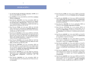 36                                                               37




                  LEGISLACIîN 1
                        X



11. Ley de Prevenci—n de Riesgos Laborales, 31/1995, de 8        10. Real Decreto 1/1995, de 24 de marzo (BOE de 29.03.95),
    de noviembre (BOE de 10.11.95).                                  texto refundido de la ley del Estatuto de los Trabajado-
12. Ley 10/1998, de 21 de abril (BOE de 22.04.98) de residuos        res.
    t—xicos y peligrosos.                                        11. Real Decreto 363/1995, de 10 de marzo (BOE de 05.06.95),
13. Real Decreto 2291/1985, de 28 de noviembre (BOE de               sobre notificaci—n de sustancias nuevas y clasificaci—n,
    11.12.85), por el que se aprueba el Reglamento de Apara-         envasado y etiquetado de sustancias peligrosas y modi-
    tos de Elevaci—n y Manutenci—n, e Instrucciones TŽcni-           ficaciones posteriores.
    cas Complementarias. Modificado por RD 1314/1997, en         12. Real Decreto 1561/1995, de 21 de septiembre (BOE de
    aplicaci—n de la Directiva 95/16/CE.                             26.09.95), sobre jornadas especiales de trabajo.
14. Real Decreto 7/1988, de 8 de enero (BOE de 14.01.88),        13. Real Decreto 2177/1996, de 4 de octubre (BOE de
    sobre exigencias de seguridad del material elŽctrico des-        29.10.96), por el que se aprueba la Norma B‡sica de la
    tinado a ser utilizado en determinados l’mites de tensi—n,       Edificaci—n NBE-CPI/96. Condiciones de Protecci—n con-
    modificado por RD 154/1995.                                      tra Incendios en los Edificios, y modificaciones posterio-
15. Real Decreto 474/1988, de 30 de marzo (BOE de 20.05.88),         res.
    por el que se dictan las disposiciones de aplicaci—n de la   14. Real Decreto 485/1997, de 14 de abril (BOE de 23.04.97),
    Directiva del Consejo 84/528/CEE sobre aparatos eleva-           sobre disposiciones m’nimas en materia de se–alizaci—n
    dores y de manejo mec‡nico. Completado por Instruc-              de seguridad y salud en el trabajo.
    ciones TŽcnicas Complementarias (ITC).                       15. Real Decreto 486/1997, de 14 de abril (BOE de 23.04.97),
16. Real Decreto 833/1988 de 20 de julio (BOE de 30.07.88),          por el que se establecen las disposiciones m’nimas de
    reglamento para la ejecuci—n de la ley b‡sica de resi-           seguridad y salud en los lugares de trabajo.
    duos, modificado por RD 952/1997.                            16. Real Decreto 487/1997, de 14 de abril (BOE de 23.04.97),
17. Real Decreto 1407/1992, de 20 de noviembre (BOE de               sobre disposiciones m’nimas de seguridad y salud rela-
    28.12.92), relativo a la aproximaci—n de las legislaciones       tivas a la manipulaci—n manual de cargas que entra–e
    de los Estados miembros sobre comercializaci—n y libre           riesgos, en particular dorsolumbares, para los trabaja-
    circulaci—n de equipos de protecci—n individual (EPI),           dores.
    modificado por Real Decreto 159/1995.                        17. Real decreto 488/1997, de 14 de abril (BOE de 23.04.97),
18. Real Decreto 1078/1993, de 2 de julio (BOE de 09.09.93).         sobre disposiciones m’nimas de seguridad y salud relati-
    Reglamento sobre clasificaci—n, envasado y etiquetado            vas al trabajo con equipos que incluyen pantallas de
    de preparados peligrosos, modificado por RD                      visualizaci—n.
    1425/1998.                                                   18. Real Decreto 664/1997, de 12 de mayo (BOE de 24.05.97),
19. Real Decreto 1942/1993 de 5 de noviembre (BOE de                 sobre la protecci—n de los trabajadores contra los riesgos
    14.12.93). Reglamento de Instalaciones de Protecci—n con-        relacionados con la exposici—n a agentes biol—gicos
    tra Incendios.                                                   durante el trabajo, modificado por Orden de 25.03.98.
 