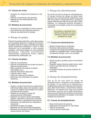 Prevención de riesgos en empresas de transporte y almacenamiento


5.1. Causas de cortes                                                7. Riesgo de sobreesfuerzos
· Contacto con material de transporte en mal                         Con el fin de evitar el riesgo de sobreesfuerzos,
  estado.                                                            el manejo manual de cargas se debe hacer
· Falta de concentración del operador.                               siguiendo los procedimientos establecidos para
· Material con filo sobresaliente en las                             ello. No exceda su capacidad física y respete las
  estanterías.                                                       cargas máximas que indica la ley por sexo y edad.
                                                                     Además, no mantenga posturas forzadas o
5.2. Medidas de prevención                                           incorrectas en el trabajo y evite los movimientos
                                                                     repetitivos.
· Almacenar los materiales en forma correcta.
· Usar elementos de protección personal.                                      No exceda su capacidad física;
· Generar procedimiento de trabajo.                                           solicite ayuda cada vez que lo
                                                                               requiera y utilice los equipos
                                                                                    auxiliares de carga.
6. Riesgo de golpes
Este tipo de riesgos está dado, entre otras causas,
por los pasillos estrechos, la falta de iluminación,                 7.1. Causas de sobreesfuerzos
la posible caída de la carga, materiales que caigan
desde estanterías inestables o rotas, la mala                        · Manejo inadecuado de materiales.
utilización de la transpaleta u otros equipos                        · Posturas inadecuadas de trabajo.
auxiliares. Evite estos riesgos con vías de tránsito                 · Transporte de cargas demasiado pesadas que
d e s p e j a d a s , m a t e r i a l e s c o r r e c ta m e n t e     exceden su capacidad física, incluso utilizando
almacenados, estanterías firmes, objetos                               un elemento auxiliar, como una carretilla.
sobresalientes señalizados, etc.
                                                                     7.2. Medidas de prevención
6.1. Causas de golpes
                                                                     · Utilizar equipos auxiliares para el movimiento
· Falta de concentración.                                              de carga.
· Roturas de estanterías por exceso de peso o                        · Respetar cargas máximas según sexo y edad.
  falta de mantenimiento.·                                           · Generar procedimiento de manejo de
· Mala utilización de equipos auxiliares                               materiales.
  (transpaleta, etc.).                                               · Posibilitar cambios de postura (rotación de
· Falta de iluminación adecuada.                                       personal).
· Falta de orden y aseo.
· Caída de carga que se traslada. ·
· Elementos que sobresalen en pasillos                               8. Riesgo de atropellamientos
  estrechos.
                                                                     Con el fin de que evite el riesgo de
6.2. Medidas de prevención                                           atropellamientos, no pierda la concentración en
                                                                     el manejo, no se confíe en su experiencia o
· Sujetar o anclar firmemente las estanterías a                      habilidad para operar las máquinas de transporte,
  elementos sólidos, tales como paredes o suelo,                     pues debe estar atento y concentrado siempre.
  y poner los objetos más pesados en la parte                        Asimismo, se requiere que haya una correcta
  más baja de las mismas.                                            iluminación, que las vías no estén obstruidas y
· Pasillos de circulación y áreas de                                 que la zona de tránsito de peatones se encuentre
  almacenamiento delimitadas.                                        correctamente delineada y se respete, entre otras
· Señalizar los lugares donde sobresalgan                            medidas de prevención.
  objetos, máquinas o estructuras inmóviles.
· Entrenamiento y capacitación del personal.                         8.1. Causas de atropellamientos
· Almacenar correctamente los materiales a
  transportar.                                                       ·   Desconcentración del operario.
· Ordenarlos lugares de trabajo.                                     ·   Maquinaria de transporte en mal estado.
· Mantener las vías de tránsito despejadas.                          ·   Falta de iluminación.
· Mantener la iluminación necesaria para los                         ·   Vías de tránsito obstruidas.
  requerimientos del trabajo.


                                                                                                                         3
 