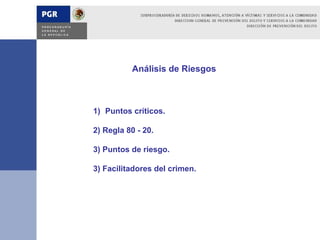 Análisis de Riesgos



1) Puntos críticos.

2) Regla 80 - 20.

3) Puntos de riesgo.

3) Facilitadores del crimen.
 