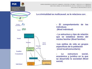 La criminalidad es multicausal, se le relaciona con:


      Individual


 Familiar/
Comunitario
                                                                 - El comportamiento de los
                                                                 individuos
    Social                                                        (Nivel individual)

                   Marginación y                                 - La estructura y tipo de relación
                   cultura social                                que se establece dentro del
   Social
                                                                 núcleo familiar (Nivel familiar)
                    Mediador                      Efecto
                                                  directo        -Los estilos de vida en grupos
                                    Moderador
                                         de                      específicos de la población
                      Ambiente      interacción
                      familiar
                                                                  (nivel local/comunitario)
 Familiar
Comunitario                                                      -    La    estructura    social,
                                                                 económica y jurídica en la que
                          Impulsividad                           se desarrolla la sociedad (Nivel
                                                  Delincuencia   social)
                        Alcohol y
 Individual                                        y violencia
                         drogas
 