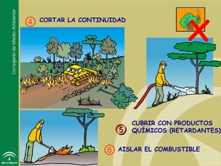 ④ CORTAR LA CONTINUIDAD
                                       x

                          CUBRIR CON PRODUCTOS
                    ⑤     QUÍMICOS (RETARDANTES)


                 ⑥ AISLAR EL COMBUSTIBLE
 