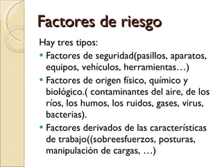 Hay tres tipos: Factores de seguridad(pasillos, aparatos, equipos, vehículos, herramientas…) Factores de origen físico, químico y biológico.( contaminantes del aire, de los ríos, los humos, los ruidos, gases, virus, bacterias). Factores derivados de las características de trabajo((sobreesfuerzos, posturas, manipulación de cargas, …)  Factores de riesgo 