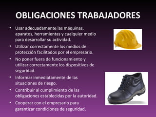 OBLIGACIONES TRABAJADORES
• Usar adecuadamente las máquinas,
aparatos, herramientas y cualquier medio
para desarrollar su actividad.
• Utilizar correctamente los medios de
protección facilitados por el empresario.
• No poner fuera de funcionamiento y
utilizar correctamente los dispositivos de
seguridad.
• Informar inmediatamente de las
situaciones de riesgo.
• Contribuir al cumplimiento de las
obligaciones establecidas por la autoridad.
• Cooperar con el empresario para
garantizar condiciones de seguridad.
 
