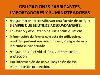 OBLIGACIONES FABRICANTES,
IMPORTADORES Y SUMINISTRADORES
• Asegurar que no constituyan una fuente de peligro
SIEMPRE QUE SE UTILICE ADECUADAMENTE.
• Envasado y etiquetado de sustancias químicas.
• Información de forma correcta de utilización,
medidas preventivas adicionales y riesgos de uso
indicado e inadecuado.
• Asegurar la efectividad de los elementos de
protección.
• Dar información de uso e indicación de los
elementos de protección.
 
