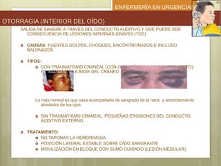 ENFERMERÍA EN URGENCIAS
OTORRAGIA (INTERIOR DEL OÍDO)
SALIDA DE SANGRE A TRAVES DEL CONDUCTO AUDITIVO Y QUE PUEDE SER
CONSECUENCIA DE LESIONES INTERNAS GRAVES (TCE)
 CAUSAS: FUERTES GOLPES, CHOQUES, ENCONTRONAZOS E INCLUSO
BALONAZOS
 TIPOS:
 CON TRAUMATISMO CRANEAL (CON O SIN PÉRDIDA DE CONOCIMIENTO):
FRACTURA DE LA BASE DEL CRÁNEO
Lo más normal es que vaya acompañado de sangrado de la nariz y amorotamiento
alrededor de los ojos.
 SIN TRAUMATISMO CRANEAL: PEQUEÑAS EROSIONES DEL CONDUCTO
AUDITIVO EXTERNO.
 TRATAMIENTO:
 NO TAPONAR LA HEMORRAGIA
 POSICIÓN LATERAL ESTABLE SOBRE OÍDO SANGRANTE
 MOVILIZACIÓN EN BLOQUE CON SUMO CUIDADO (LESIÓN MEDULAR).
 