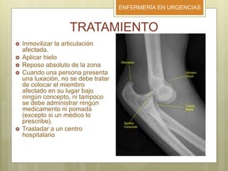 ENFERMERÍA EN URGENCIAS
TRATAMIENTO
 Inmovilizar la articulación
afectada.
 Aplicar hielo
 Reposo absoluto de la zona
 Cuando una persona presenta
una luxación, no se debe tratar
de colocar el miembro
afectado en su lugar bajo
ningún concepto, ni tampoco
se debe administrar ningún
medicamento ni pomada
(excepto si un médico lo
prescribe).
 Trasladar a un centro
hospitalario
 