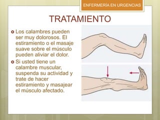 ENFERMERÍA EN URGENCIAS
TRATAMIENTO
 Los calambres pueden
ser muy dolorosos. El
estiramiento o el masaje
suave sobre el músculo
pueden aliviar el dolor.
 Si usted tiene un
calambre muscular,
suspenda su actividad y
trate de hacer
estiramiento y masajear
el músculo afectado.
 