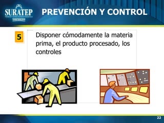 22
5
PREVENCIÓN Y CONTROL
Disponer cómodamente la materia
prima, el producto procesado, los
controles
 