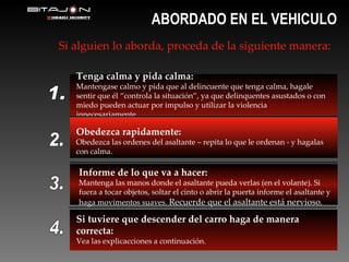 ABORDADO EN EL VEHICULO Si alguien lo aborda, proceda de la siguiente manera: 1. Tenga calma y pida calma: Mantengase calmo y pida que al delincuente que tenga calma, hagale sentir que él “controla la situación”, ya que delinquentes asustados o con miedo pueden actuar por impulso y utilizar la violencia innecesariamente. 2. Obedezca rapidamente: Obedezca las ordenes del asaltante – repita lo que le ordenan - y hagalas con calma. 3. Informe de lo que va a hacer: Mantenga las manos donde el asaltante pueda verlas (en el volante). Si fuera a tocar objetos, soltar el cinto o abrir la puerta informe el asaltante y haga movimentos suaves.  Recuerde que el asaltante está nervioso . 4. Si tuviere que descender del carro haga de manera correcta: Vea las explicacciones a continuación. 