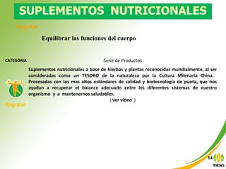 14
Regular
Equilibrar las funciones del cuerpo
CATEGORIA Serie de Productos
Regular
Suplementos nutricionales a base de hierbas y plantas reconocidas mundialmente, al ser
consideradas como un TESORO de la naturaleza por la Cultura Milenaria China.
Procesadas con los mas altos estándares de calidad y biotecnología de punta, que nos
ayudan a recuperar el balance adecuado entre los diferentes sistemas de nuestro
organismo y a mantenernos saludables.
( ver video )
 