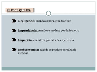 SE DICE QUE ES: Negligencia:   cuando es por algún descuido Imprudencia:  cuando se produce por daño a otro Impericia:  cuando es por falta de experiencia Inobservancia:  cuando se produce por falta de atención 