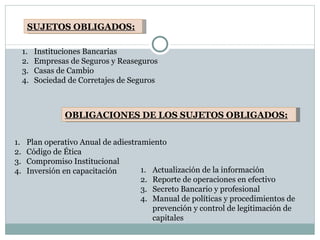 SUJETOS OBLIGADOS: Instituciones Bancarias Empresas de Seguros y Reaseguros Casas de Cambio Sociedad de Corretajes de Seguros OBLIGACIONES DE LOS SUJETOS OBLIGADOS: Plan operativo Anual de adiestramiento Código de Ética Compromiso Institucional Inversión en capacitación Actualización de la información Reporte de operaciones en efectivo Secreto Bancario y profesional Manual de políticas y procedimientos de prevención y control de legitimación de capitales 