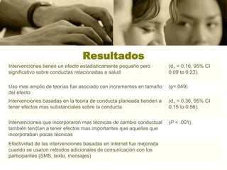 Resultados
Intervenciones tienen un efecto estadisticamente pequeño pero        (d+ = 0.16, 95% CI
significativo sobre conductas relacionadas a salud                   0.09 to 0.23).

Uso mas amplio de teorías fue asociado con incrementos en tamaño     (p=.049)
del efecto
Intervenciones basadas en la teoría de conducta planeada tienden a   (d+ = 0.36, 95% CI
tener efectos mas substanciales sobre la conducta                    0.15 to 0.56).


Intervenciones que incorporaron mas técnicas de cambio conductual    (P < .001).
también tendían a tener efectos mas importantes que aquellas que
incorporaban pocas técnicas
Efectividad de las intervenciones basadas en internet fue mejorada
cuando se usaron métodos adicionales de comunicación con los
participantes (SMS, texto, mensajes)
 