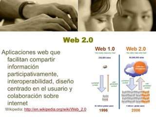 Web 2.0
Aplicaciones web que
  facilitan compartir
  información
  participativamente,
  interoperabilidad, diseño
  centrado en el usuario y
  colaboración sobre
  internet
 Wikipedia: http://en.wikipedia.org/wiki/Web_2.0
 