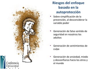 Riesgos del enfoque
basado en la
autoprotección
• Sobre-simplificación de la
prevención, al desconsiderar la
variable poder
• Generación de falso sentido de
seguridad en nosotros los
adultos
• Generación de sentimientos de
culpa
• Generación de ansiedad, miedo
y desconfianza hacia los otros y
el mundo
• Sobre-simplificación de la
prevención, al desconsiderar la
variable poder
• Generación de falso sentido de
seguridad en nosotros los
adultos
• Generación de sentimientos de
culpa
• Generación de ansiedad, miedo
y desconfianza hacia los otros y
el mundo
 