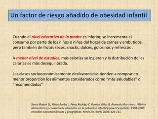 Un factor de riesgo añadido de obesidad infantil

Cuando el nivel educativo de la madre es inferior, se incrementa el
consumo por parte de los niños o niñas del hogar de carnes y embutidos,
pero también de frutos secos, snacks, dulces, golosinas y refrescos .

A menor nivel de estudios, más calorías se ingieren y la distribución de las
calorías es más desequilibrada.

Las clases socioeconómicamente desfavorecidas tienden a comprar en
menor proporción los alimentos considerados como “más saludables” o
“recomendados”



          Serra Majem LL, Ribas Barba L, Pérez Rodrigo C, Román Viñas B, Aranceta Bartrina J. Hábitos
          alimentarios y consumo de alimentos en la población infantil y juvenil española. 1998-2000:
          variables socioeconómicas y geográficas. Med Clin (Barc) 2003; 126-131.
 