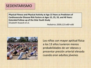 SEDENTARISMO

 Physical Fitness and Physical Activity at Age 13 Years as Predictors of
 Cardiovascular Disease Risk Factors at Ages 15, 25, 33, and 40 Years:
 Extended Follow-up of the Oslo Youth Study
 Elisabeth Kvaavik et al.
                                            Pediatrics 2009;123:e80–e86




                                      Los niños con mayor aptitud física
                                      a los 13 años tuvieron menos
                                      probabilidades de ser obesos y
                                      presentar presión arterial elevada
                                      cuando eran adultos jóvenes
 