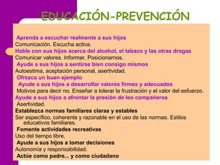 EDUCACIÓN-PREVENCIÓN
 
 Aprenda a escuchar realmente a sus hijos 
Comunicación. Escucha activa. 
Hable con sus hijos acerca del alcohol, el tabaco y las otras drogas
Comunicar valores. Informar. Posicionarnos.
Ayude a sus hijos a sentirse bien consigo mismos
Autoestima, aceptación personal, asertividad. 
Ofrezca un buen ejemplo
Ayude a sus hijos a desarrollar valores firmes y adecuados
 Motivos para decir no. Enseñar a tolerar la frustración y el valor del esfuerzo.
Ayude a sus hijos a afrontar la presión de los compañeros
 Asertividad. 
Establezca normas familiares claras y estables
Ser específico, coherente y razonable en el uso de las normas. Estilos 
educativos familiares.
Fomente actividades recreativas
Uso del tiempo libre.
Ayude a sus hijos a tomar decisiones
Autonomía y responsabilidad.
Actúe como padre... y como ciudadano
 