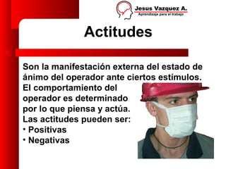 Actitudes

Son la manifestación externa del estado de
ánimo del operador ante ciertos estímulos.
El comportamiento del
operador es determinado
por lo que piensa y actúa.
Las actitudes pueden ser:
• Positivas
• Negativas
 
