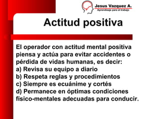 Actitud positiva

El operador con actitud mental positiva
piensa y actúa para evitar accidentes o
pérdida de vidas humanas, es decir:
a) Revisa su equipo a diario
b) Respeta reglas y procedimientos
c) Siempre es ecuánime y cortés
d) Permanece en óptimas condiciones
físico-mentales adecuadas para conducir.
 