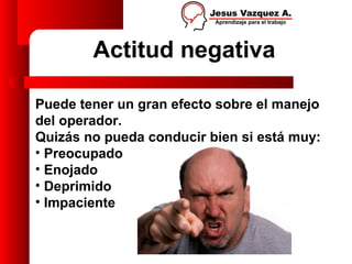 Actitud negativa

Puede tener un gran efecto sobre el manejo
del operador.
Quizás no pueda conducir bien si está muy:
• Preocupado
• Enojado
• Deprimido
• Impaciente
 
