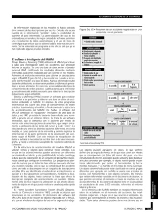 la información registrada en los modelos se había extraído
directamente de las descripciones por escrito. Debido a la escasa
cuantía de la información “perdida”, cabía la posibilidad de
suprimir el paso intermedio. La generalización del uso de los
ordenadores personales y la mejor calidad del software permiten
una recopilación de datos automatizada y el uso de listas de
control para garantizar que se obtiene toda la información perti-
nente. Se ha elaborado un programa a este efecto, del que ya se
han realizado algunas pruebas iniciales.
El software inteligente del MAIM
Troup, Davies y Manning (1988) utilizaron el MAIM para llevar
a cabo una investigación sobre los accidentes que provocan
lesiones de espalda. Se creó una base de datos en un ordenador
personal IBM, codificando los resultados obtenidos mediante
entrevistas a pacientes realizadas por un experto en este modelo.
Asimismo, él analizó las entrevistas para obtener las descripciones
según el MAIM (Figura 56.14), y fue en esta fase cuando se incor-
poró la información a la base de datos. Aunque el método resultó
bastante satisfactorio, se observaron posibles problemas al genera-
lizar el acceso al mismo. En concreto, se necesitaban dos tipos de
conocimientos de orden práctico: cualificaciones para entrevistar
y conocimiento del análisis necesario para elaborar la descripción
del accidente según el MAIM.
Davies y Manning (1994a) crearon un software para realizar
entrevistas a los pacientes y elaborar una base de datos de acci-
dentes utilizando el MAIM. El objetivo de estos programas
informáticos era cubrir dos áreas de conocimientos de orden
práctico, la entrevista y el análisis, a fin de construir la estructura
de acontecimientos del MAIM. De hecho, el software del
MAIM constituye el “escaparate” inteligente de una base de
datos, y en 1991 ya estaba lo bastante desarrollado para some-
terlo a prueba en un entorno clínico. Se trata de un software
interactivo, que se comunica con el paciente por medio de
menús; éste selecciona opciones de unas listas, que exigen única-
mente la utilización de las teclas del cursor y la de “Intro”. La
elección de una entre las distintas opciones determina, en cierta
medida, el curso posterior de la entrevista y permite registrar la
información en la parte pertinente de la descripción del acci-
dente según el MAIM. Con este método de recopilación de
datos se evitaba la necesidad de escribir bien o de saber mecano-
grafía, y hacía la entrevista susceptible de repetición además de
coherente.
En la estructura de acontecimientos del modelo MAIM se
utilizan verbos y objetos para construir frases sencillas. Los
verbos en los acontecimientos pueden asociarse con diferentes
escenarios de accidente, y esta posibilidad del modelo constituye
la base para la elaboración de un conjunto de preguntas relacio-
nadas con él que configuran la entrevista. Las preguntas se plan-
tean de manera que en todas las fases sólo sea necesario efectuar
una elección sencilla, con lo que la complejidad del accidente
como un todo se descompone en un conjunto de descripciones
sencillas. Una vez identificado el verbo de un acontecimiento, se
asocian a él los substantivos correspondientes, mediante la loca-
lización de los objetos, hasta construir la frase que ofrece la
descripción completa del acontecimiento en cuestión. Obvia-
mente, esta técnica requiere la utilización de un amplio diccio-
nario de objetos en el que pueda realizarse una búsqueda rápida
y eficaz.
El Home Accident Surveillance System (HASS) (Departa-
mento de Comercio e Industria 1987) controla los objetos que
intervienen en los accidentes. El diccionario del software del
MAIM se basó en la relación de objetos empleada por el HASS,
a lo que se añadieron los objetos de uso en los lugares de trabajo.
Los objetos pueden agruparse en clases, lo que permite
definir una jerarquía de menús, en la que estas clases son niveles
que se corresponden con listas del menú. Así pues, una lista
estructurada de objetos asociados puede utilizarse para localizar
artículos concretos; por ejemplo, el objeto martillo puede encon-
trarse seleccionando, por orden: a) herramientas, b) herra-
mientas manuales, y c) martillo en tres listas de menú sucesivas.
Un objeto determinado puede estar clasificado en varios grupos
diferentes; por ejemplo, un cuchillo se asocia con artículos de
cocina, con herramientas o con objetos cortantes. De manera
que existen referencias repetidas en el diccionario de objetos, lo
que permite encontrar el elemento a través de muchas vías de
acceso diferentes. El diccionario de objetos tiene en la actualidad
un vocabulario de unas 2.000 entradas, referentes al entorno
laboral y de ocio.
En la entrevista del MAIM también se recopila información
sobre las actividades en el momento del accidente, los movi-
mientos corporales, el lugar en el que ocurrió el accidente, los
factores que contribuyeron al mismo, las lesiones y las incapaci-
dades. Todos estos elementos pueden darse más de una vez en
ENCICLOPEDIA DE SALUD Y SEGURIDAD EN EL TRABAJO 56.27 EL MODELO MAIM 56.27
ACCIDENTES Y GESTION DE LA SEGURIDAD
56.PREVENCIONDE
ACCIDENTES
Figura 56.15 • Resumen de un accidente registrado en una
entrevista con el paciente.
 