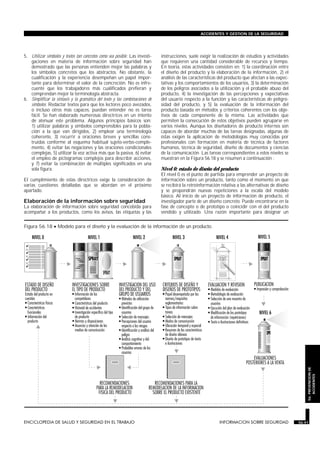 5. Utilizar símbolos y textos tan concretos como sea posible. Las investi-
gaciones en materia de información sobre seguridad han
demostrado que las personas entienden mejor las palabras y
los símbolos concretos que los abstractos. No obstante, la
cualificación y la experiencia desempeñan un papel impor-
tante para determinar el valor de la concreción. No es infre-
cuente que los trabajadores más cualificados prefieran y
comprendan mejor la terminología abstracta.
6. Simplificar la sintaxis y la gramática del texto y las combinaciones de
símbolos. Redactar textos para que los lectores poco avezados,
o incluso otros más capaces, puedan entender no es tarea
fácil. Se han elaborado numerosas directrices en un intento
de atenuar este problema. Algunos principios básicos son:
1) utilizar palabras y símbolos comprensibles para la pobla-
ción a la que van dirigidos, 2) emplear una terminología
coherente, 3) recurrir a oraciones breves y sencillas cons-
truidas conforme al esquema habitual sujeto-verbo-comple-
mento, 4) evitar las negaciones y las oraciones condicionales
complejas, 5) utilizar la voz activa más que la pasiva, 6) evitar
el empleo de pictogramas complejos para describir acciones,
y 7) evitar la combinación de múltiples significados en una
sola figura.
El cumplimiento de estas directrices exige la consideración de
varias cuestiones detalladas que se abordan en el próximo
apartado.
Elaboración de la información sobre seguridad
La elaboración de información sobre seguridad concebida para
acompañar a los productos, como los avisos, las etiquetas y las
instrucciones, suele exigir la realización de estudios y actividades
que requieren una cantidad considerable de recursos y tiempo.
En teoría, estas actividades consisten en: 1) la coordinación entre
el diseño del producto y la elaboración de la información, 2) el
análisis de las características del producto que afectan a las expec-
tativas y los comportamientos de los usuarios, 3) la determinación
de los peligros asociados a la utilización y el probable abuso del
producto, 4) la investigación de las percepciones y expectativas
del usuario respecto a la función y las características de peligro-
sidad del producto, y 5) la evaluación de la información del
producto basada en métodos y criterios coherentes con los obje-
tivos de cada componente de la misma. Las actividades que
permiten la consecución de estos objetivos pueden agruparse en
varios niveles. Aunque los diseñadores de producto internos son
capaces de abordar muchas de las tareas designadas, algunas de
éstas exigen la aplicación de metodologías muy conocidas por
profesionales con formación en materia de técnica de factores
humanos, técnica de seguridad, diseño de documentos y ciencias
de la comunicación. Las tareas correspondientes a estos niveles se
muestran en la Figura 56.18 y se resumen a continuación :
Nivel 0: estado de diseño del producto
El nivel 0 es el punto de partida para emprender un proyecto de
información sobre un producto, tanto como el momento en que
se recibirá la retroinformación relativa a las alternativas de diseño
y se propondrán nuevas repeticiones a la escala del modelo
básico. Al inicio de un proyecto de información de producto, el
investigador parte de un diseño concreto. Puede encontrarse en la
fase de concepto o de prototipo o coincidir con el del producto
vendido y utilizado. Una razón importante para designar un
ENCICLOPEDIA DE SALUD Y SEGURIDAD EN EL TRABAJO 56.41 INFORMACION SOBRE SEGURIDAD 56.41
ACCIDENTES Y GESTION DE LA SEGURIDAD
56.PREVENCIONDE
ACCIDENTES
S P R A Y
Figura 56.18 • Modelo para el diseño y la evaluación de la información de un producto.
 