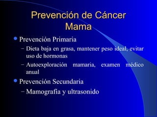 Prevención de CáncerPrevención de Cáncer
MamaMama
Prevención Primaria
– Dieta baja en grasa, mantener peso ideal, evitar
...
