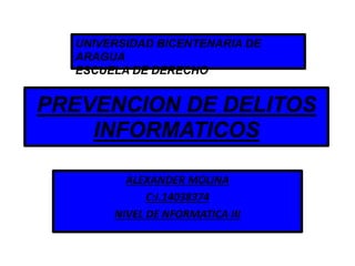 PREVENCION DE DELITOS
INFORMATICOS
ALEXANDER MOLINA
C:I.14038374
NIVEL DE NFORMATICA III
UNIVERSIDAD BICENTENARIA DE
ARAGUA
ESCUELA DE DERECHO
 