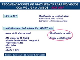 IFG  o  IGT   Modificación de  estilo de vida: Reducció de peso (5-10%) Ejercicio : 150 minutos, semana Individuos con la Combinación  IDF/IGT , más: Menor de 60 años de edad  Modificación de estilo  IMC  mayor de 35  Kg/m2  de vida y o Metformina Historia Familar de DM ( 1er grado) Triglicéridos Altos HDL  bajas HTAS HbA1c  >  6.0% Diabetes Care,volume 30, number 3,March 2007 RECOMENDACIONES DE TRATAMIENTO PARA INDIVIDUOS CON IFG , IGT O  AMBOS  -  ADA 2007 