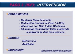 ESTILO DE VIDA - Mantener Peso Saludable - Reducción Gradual de Peso ( 5-10%) - Alimentos con Bajo Indice Glicémico - 30 minutos de actividad física moderada la mayoría de dias de la semana DROGAS Metformina Acarbosa EDUCACIÓN * K.G.M.M Alberti et al. Diabet.Med 24, 451-463 (2007) IDF: a Consensus on Type 2 Diabetes Prevention PASO 3  (IDF):   INTERVENCIÓN 