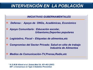 * K.G.M.M Alberti et al. Diabet.Med 24, 451-463 (2007) IDF: a Consensus on Type 2 Diabetes Prevention INICIATIVAS GUBERNAMENTALES Defensa :  Apoyo de  ONGs, Académicas, Económico Apoyo Comunitario : Educación escolar,  Urbanismo,Deportes populares Legistativo, Fiscal – Etiquetas de alimentos,etc Compromiso del Sector Privado: Salud en sitio de trabajo Industria de Alimentos Medios de Comunicación-TV,Prensa,Radio,etc INTERVENCIÓN EN  LA POBLACIÓN 