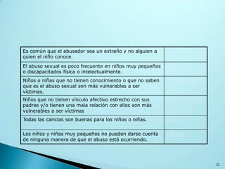 11
Es común que el abusador sea un extraño y no alguien a
quien el niño conoce.
FALSO
El abuso sexual es poco frecuente en niños muy pequeños
o discapacitados física o intelectualmente.
FALSO
Niños o niñas que no tienen conocimiento o que no saben
que es el abuso sexual son más vulnerables a ser
víctimas.
VERDADERO
Niños que no tienen vínculo afectivo estrecho con sus
padres y/o tienen una mala relación con ellos son más
vulnerables a ser víctimas
VERDADERO
Todas las caricias son buenas para los niños o niñas. FALSO
Los niños y niñas muy pequeños no pueden darse cuenta
de ninguna manera de que el abuso está ocurriendo.
FALSO
 