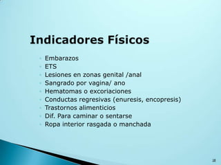 ◦ Embarazos
◦ ETS
◦ Lesiones en zonas genital /anal
◦ Sangrado por vagina/ ano
◦ Hematomas o excoriaciones
◦ Conductas regresivas (enuresis, encopresis)
◦ Trastornos alimenticios
◦ Dif. Para caminar o sentarse
◦ Ropa interior rasgada o manchada
18
 