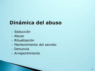  Seducción
 Abuso
 Ritualización
 Mantenimiento del secreto
 Denuncia
 Arrepentimiento
8
 