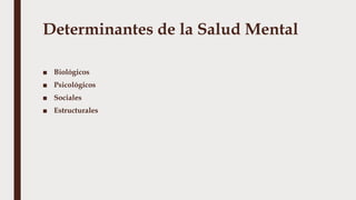 Determinantes de la Salud Mental
■ Biológicos
■ Psicológicos
■ Sociales
■ Estructurales
 