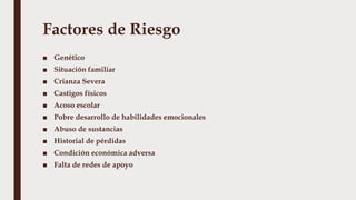 Factores de Riesgo
■ Genético
■ Situación familiar
■ Crianza Severa
■ Castigos físicos
■ Acoso escolar
■ Pobre desarrollo de habilidades emocionales
■ Abuso de sustancias
■ Historial de pérdidas
■ Condición económica adversa
■ Falta de redes de apoyo
 