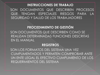 INSTRUCCIONES DE TRABAJOSON DOCUMENTOS QUE DESCRIBEN PROCESOS QUE TENGAN ESPECIALES RIESGOS PARA LA SEGURIDAD Y SALUD DE LOS TRABAJADORESPROCEDIMIENTO DE GESTIÓN    SON DOCUMENTOS QUE DESCRIBEN COMO SE REALIZAN DETERMINADAS FUNCIONES DESCRITAS EN EL MANUALREGISTROSSON LOS FORMATOS DEL SISTEMA UNA VEZ CUMPLIMENTADOS Y PERMITEN COMPROBAR ANTE UN ENTE LEGAL EL EFECTIVO CUMPLIMIENTO DE LOS REQUERIMIENTOS DEL SISTEMA  