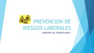 PREVENCION DE
RIESGOS LABORALES
EXPOSITOR: ING. ELIZABETH ABAD F.
 
