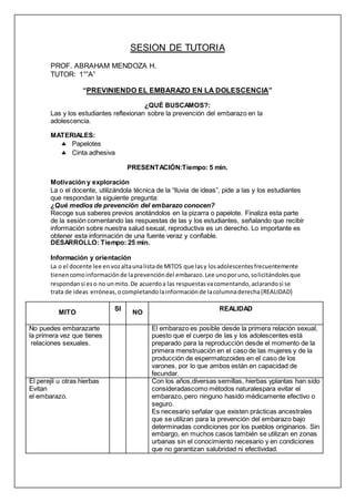 SESION DE TUTORIA
PROF. ABRAHAM MENDOZA H.
TUTOR: 1°”A”
“PREVINIENDO EL EMBARAZO EN LA DOLESCENCIA”
¿QUÉ BUSCAMOS?:
Las y los estudiantes reflexionan sobre la prevención del embarazo en la
adolescencia.
MATERIALES:
 Papelotes
 Cinta adhesiva
PRESENTACIÓN:Tiempo: 5 min.
Motivación y exploración
La o el docente, utilizándola técnica de la “lluvia de ideas”, pide a las y los estudiantes
que respondan la siguiente pregunta:
¿Qué medios de prevención del embarazo conocen?
Recoge sus saberes previos anotándolos en la pizarra o papelote. Finaliza esta parte
de la sesión comentando las respuestas de las y los estudiantes, señalando que recibir
información sobre nuestra salud sexual, reproductiva es un derecho. Lo importante es
obtener esta información de una fuente veraz y confiable.
DESARROLLO: Tiempo: 25 min.
Información y orientación
La o el docente lee envozaltaunalistade MITOS que lasy losadolescentesfrecuentemente
tienencomoinformaciónde laprevencióndel embarazo.Lee unoporuno,solicitándolesque
respondansi eso no unmito.De acuerdoa las respuestasvacomentando,aclarandosi se
trata de ideas erróneas,ocompletandolainformaciónde lacolumnaderecha(REALIDAD)
MITO
SI
NO
REALIDAD
No puedes embarazarte
la primera vez que tienes
relaciones sexuales.
El embarazo es posible desde la primera relación sexual,
puesto que el cuerpo de las y los adolescentes está
preparado para la reproducción desde el momento de la
primera menstruación en el caso de las mujeres y de la
producción de espermatozoides en el caso de los
varones, por lo que ambos están en capacidad de
fecundar.
El perejil u otras hierbas
Evitan
el embarazo.
Con los años,diversas semillas, hierbas yplantas han sido
consideradascomo métodos naturalespara evitar el
embarazo, pero ninguno hasido médicamente efectivo o
seguro.
Es necesario señalar que existen prácticas ancestrales
que se utilizan para la prevención del embarazo bajo
determinadas condiciones por los pueblos originarios. Sin
embargo, en muchos casos también se utilizan en zonas
urbanas sin el conocimiento necesario y en condiciones
que no garantizan salubridad ni efectividad.
 