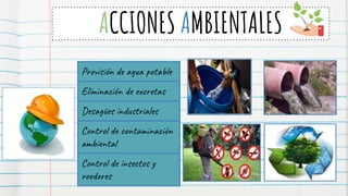 ACCIONES AMBIENTALES
Provisión de agua potable
Eliminación de excretas
Desagües industriales
Control de contaminación
ambiental
Control de insectos y
roedores
 