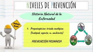 NIVELES DE PREVENCIÓN
1. Prepatogénico: triada ecológica
(huésped, agente, m. ambiente)
PREVENCIÓN PRIMARIA
Historia Natural de la
Enfermedad
 