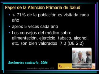 Jornada Estrategia Cancer 2007
Papel
Papel de la A
de la Atenci
tenció
ón
n P
Primaria
rimaria de
de S
Salud
alud
• > 71% ...