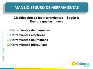 Clasificación de las Herramientas – Según la
Energía que las mueve
 Herramientas de manuales
 Herramientas eléctricas
 Herramientas neumáticas
 Herramientas hidráulicas
MANEJO SEGURO DE HERRAMIENTAS
 