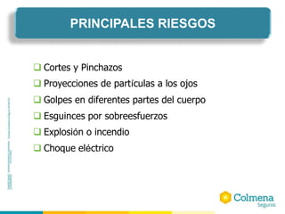  Cortes y Pinchazos
 Proyecciones de partículas a los ojos
 Golpes en diferentes partes del cuerpo
 Esguinces por sobreesfuerzos
 Explosión o incendio
 Choque eléctrico
PRINCIPALES RIESGOS
 